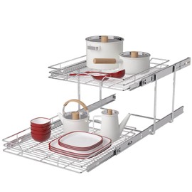 OCG 2 Tier Pull Out Cabinet Organizer (21.5" W x 18" D), Pull Out Shelves for Kitchen Cabinets, Slide Out Pantry Shelves for Base Cabinet Organization in Kitchen Bathroom Pantry, Chrome Finish