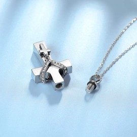 Quiges Stainless Steel Memorial Ash Holder Double Crystal Cross Pendant for Cremation Urn Keepsake with Adjustable Cable Chain Necklace 46 to 52 cm