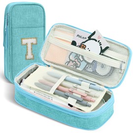 GIFTOXO Preppy Pencil Case for School Supplies, Large Initial Pencil Pouch with Zipper, Cute Pencil Bag for Office Supplies, Aesthetic Pen Case Box for Kids Teen Girls Adults - T(Blue)