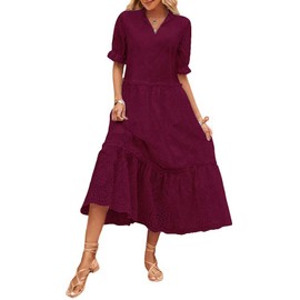 chouyatou Women's Summer Boho Embroidery Eyelet Dress V-Neck Collared Tiered Midi Tunic Dress (Large, Wine Red)