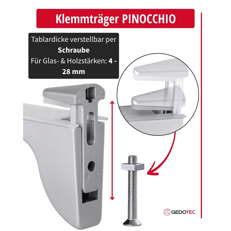 Gedotec Pinocchio Designer Glass Shelf Brackets - Matte Silver |