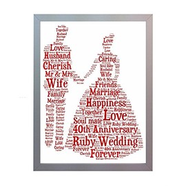 Framed 40th Ruby Wedding Anniversary Word Art A4 Print. Photo Picture Keepsake Gift for Mum, Dad, Gran, Grandad, Friend & Family