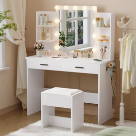 NUNU LAB 39 Inchs Small Vanity Desk with Mirror and Lights with 2 Drawers and 4 Cabinets, Women Makeup Table with Power Outlet, 3-Color Adjustable Lighting for Bedroom (026 White)
