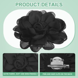 M METERXITY 4-Pack Rose Flower Brooches and Pins for Women, Lapel Pins Dainty Satin Fabric Big Camellia Hair Flowers Clips for Wedding/Parties/Clothes/Jewelry [10cm, Black]