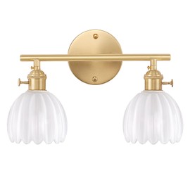 Bathroom Light Fixtures, 2-Light Brass Vanity Wall Light Over Mirror with White Tulip Glass Shade for Bedroom Living Room