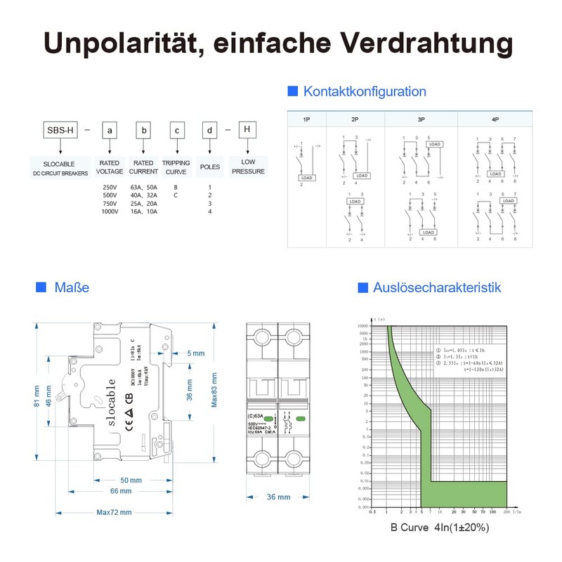 Slocable DC Circuit Breaker 2Pole 63A 500V Isolator for Solar