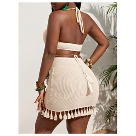 Floerns Women's Summer Knitted V Neck Tassel Cut Out Bodycon Mini Dress Halter Tie Back Crochet Beach Dresses Apricot Small