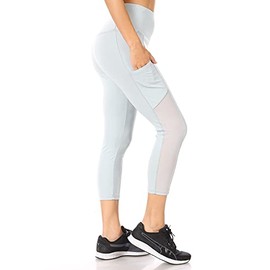 ShoSho Womens Tummy Control Sports Yoga Capris Leggings Activewear Cropped Pants with Side Pockets and Mesh Panels Solid Ash Blue Small