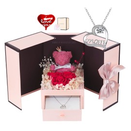 Anish Preserved Rose Moss Bear Gifts Set Includes Mom Necklace with Heart and Zircon, Mothers Day Birthday Christmas Valentines Gifts for Mom from Daughter and Son