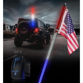 Xprite 1PC 5FT Red White Blue Spiral LED Whip Lights with Built-in Spring Base, Safety Lighted Antenna Whip w/Rocker Switch American Flag, Compatible with SXS ATV UTV Polaris RZR Trucks Jeep