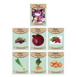 Root Vegetable Seed Set - 7 Varieties of Non-GMO Heirloom Premium Seeds for Planting - Onions, Carrot, Radish, Beet, and Turnip