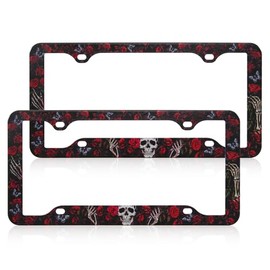 FantasHome Stainless Metal Car License Plate Frame Covers with 4 Holes - 2 Pack with Unique Designs, Standard Size for U.S. and Canada (Rose & Skull)