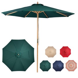CASUNER 9ft Wooden Umbrella, Outdoor Patio Umbrella, Wood Market Umbrella, Patio Umbrella Wood Pole with Pulley Lift for Garden, Yard, Deck, Pool, Market (GREEN)