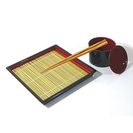 MySushiSet - Japanese Square Zaru Soba Noodle Tray with Tsuyu Dipping Cup Red