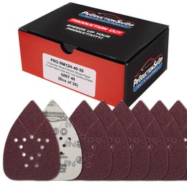 ProductionShop Premium 40 Grit 12-Hole Pattern Mouse Detail Sander Sandpaper Sheets, Box of 30 - Dustless Hook & Loop Triangle Shaped Mouse Disc Pads - Fits Black & Decker, Woodworking Wood Furniture