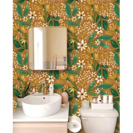 HAOKHOME Boho Peel and Stick Wallpaper Vintage Floral Contact Paper Self Adhesive Botanical Wall Paper for Accent Wall Caramel/Green 17.3in x 9.8ft