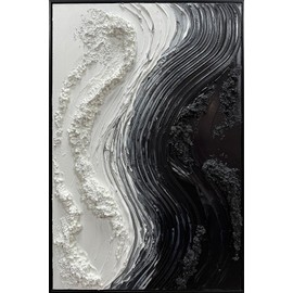 Boiee Art,24x36Inch Handmade Black Textured Acrylic Canvas Wall Art Modern White Decorative Paintings Abstract Artwork Stretched and Framed Ready to Hang