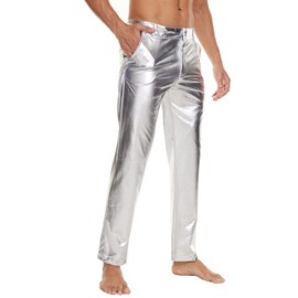 Metallic Shiny Disco Pants for Men, 70s/80s Hip Hop Party Rave Leather Pants, Vintage Rock Star Cosplay Straight Leg Trousers (Silver, XXL)