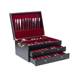 WodGod Silverware Storage Box,3 Layers Wooden Silverware Chest Case with Drawer,15.35" x 11.41" Flatware and Utensil Organizer for Kitchen(Flatware Not Included) (Black)