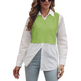 Lailezou Women's V-Neck Knit Sweater Vest Solid Color Argyle Plaid Preppy Style Sleeveless Crop Knit Vest