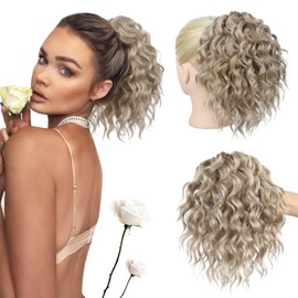 REECHO Ponytail Extension, 10” Short Curly Claw Clip Ponytail Extension for Black Women, Synthetic Fluffy Soft Wavy Pony Tails Hair Extensions, Medium Ash Blonde