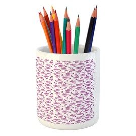 Ambesonne Flower Pencil Pen Holder, Floral Pattern Romantic Spring Valentines Day Wedding Anniversary Theme Artwork, Printed Ceramic Pencil Pen Holder for Desk Office Accessory, Violet White