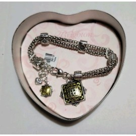 Brighton Silver 2-strand Bracelet Square Medallion Gold Lucite Charm, NWT