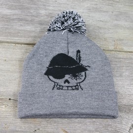 Wiesnrocker Bobble Hat in 3 Colours (Grey, Red, Green) With Skull Embroidery on the Front and Lettering on the Back. One Size, Unisex, grey/black