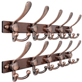 Dseap MaxStrong 2.0 Coat Rack Wall - Ultra Heavy-Duty Stainless Steel, 16" Hole Spacing, 5-Triple-Hooks Wall Mount Coat Hanger, Hook Rail for Clothes Hats Jacket Towels, Antique Copper, Pack of 2