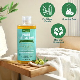 Yoken Pure Castile Liquid Soap Organic (EWG Verified, Unscented, 8 OZ), Made with Organic Oils, No Added Fragrance, Vegan, Castile Soap Liquid for Face, Laundry, Dishes, Sensitive Skin, Travel soaps