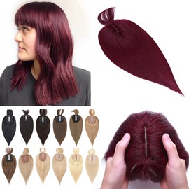 S-noilite 130% Density Human Hair Toppers with Bangs Hand Tied Silk Base Clip In Topper Top Hair Pieces For Women with Thinning Hair/Hair Loss Cover Gray Hair 18Inch 57g-Wine Red