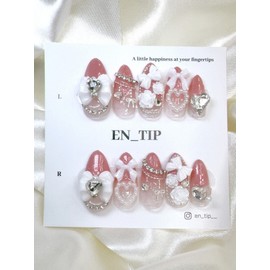 Peach Garden Ribbon Handmade Nail Tips - Short Almond / 피치 가든 리본 수제네일팁 - 숏아몬드