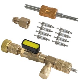 SUGOOE Valve Core Remover Installer Tool with Dual Size SAE 1/4 & 5/16 Port, 10 PCS Valve Cores with Teflon Seal, Compatible with R22 R410 R404 R407