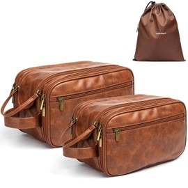 Laripwit Travel Toiletry Bag for Men 2-Piece Set PU-Leather Wash Bag Shaving Dopp Kit Bathroom Water-Resistant Makeup Cosmetic Case for Toiletries Organizer Brown