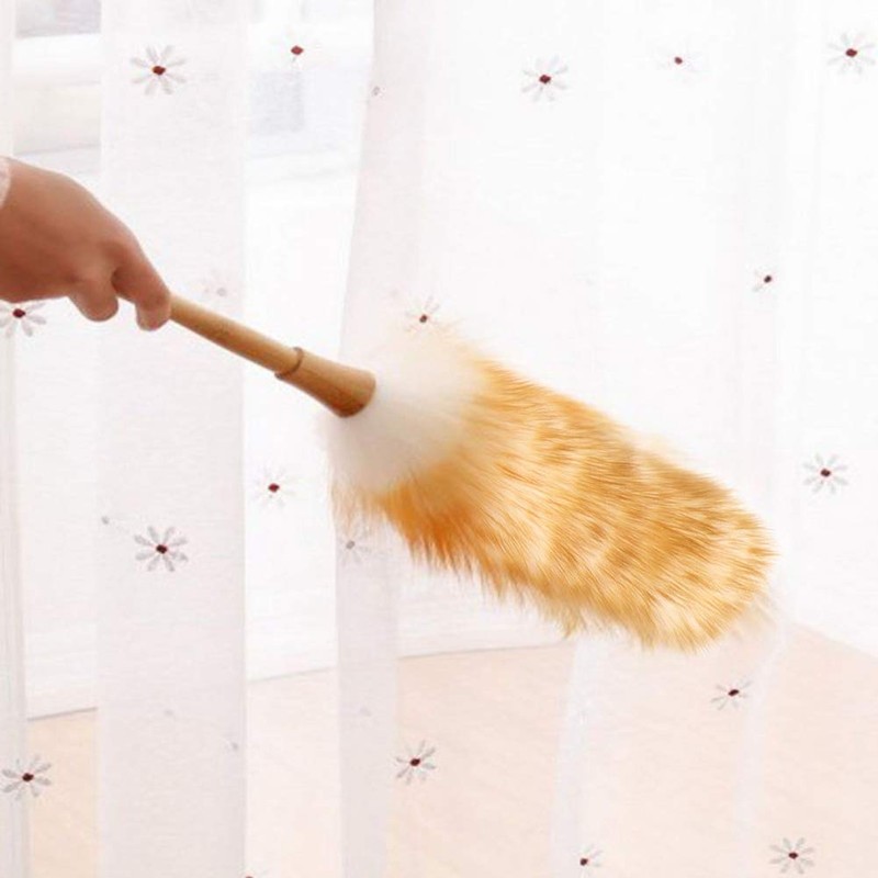 QANYEGN Lamb Wool Duster Wool Feather Duster with Wooden Handle
