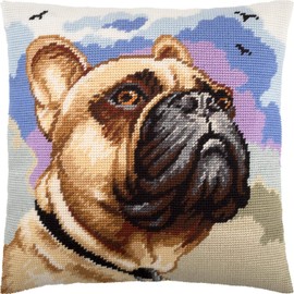 Brvsk French Bulldog. Stamped Cross-Stitch Kit w/Printed Tapestry Canvas (40 × 40 cm) — Stamped Cross-Stitch Cushion Kit for Creative Home Décor — Needlework Kit for Adult Beginners