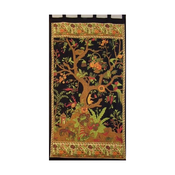 Tree of Life Tab Top Curtain-Drape-Door Panel-Black/Cream by India Arts
