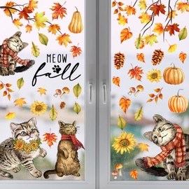 JUESMOS Fall Thanksgiving Window Cling Sticker 45PCS Pumpkin Maple Leaves Cats Window Decals Stickers for Autumn Window Glass Home Decor Double-Sided Cats Animals Window Stickers
