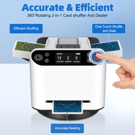 Automatic Card Shuffler and Dealer 2-in-1 for 1-12 Players with 2 Standard Cards | 360° Rotating Deal | Ultra Quiet Rechargeable Machine with 4 Remotes | Compatible with Poker, UNO & More (White)