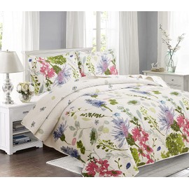 Jarson Floral Quilts Set Twin Size, 3Pcs Lightweight Summer Bedspreads, Country Purple Flowers Bedding, Botanical Plant Reversible Coverlets Microfiber Bed Cover (1 Quilt +2 Pillow Shams)
