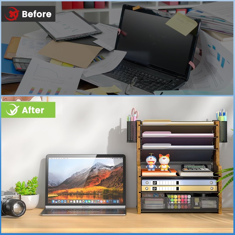 DAOUTIME 6-Tier Mesh Desk Organizer with Drawer, Wooden Office Organizer