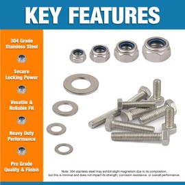 M10 x 12mm Hex Head Nuts and Bolts and Washers Set (5PK) A2 Stainless Steel, Fully Threaded Hex Head Cap Screws For Construction, Automotive, Machinery