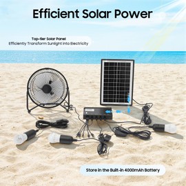 JUOPTGJ Solar Power Camping Fan with Lights, Solar Power Panel Light Solar fan System Kit, 4000mAh Rechargeable Portable Fan for Home Lighting, Outdoor Camping