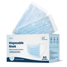 WeCare Disposable Face Mask, 3-Ply with Ear Loop (50 Individually Wrapped), Blue