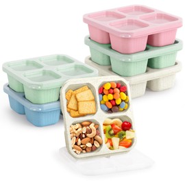 6 Pack Bento Lunch Box, 4 Compartment Snack Containers Boxes for Kids Adults, Reusable Snack Box Container for Food Meal Prep, Wheat Straw Kids lunchable Container Divided Bento Snack Box for School