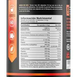 Enzimas Digestivas, Probióticos, Papaya y Psyllium Husk 180 Cápsulas 1800 mg por porción. Ingredientes Naturales. Enzym Blend B Life.