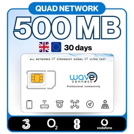 Wave Connect UK Quad Network Data Only SIM, 500MB/30 Days, 3/Three, EE, O2, Vodafone 4G LTE + 5G Prepaid, Activates On First Use, Includes European Coverage, For Unlocked IoT Devices, Security Cameras