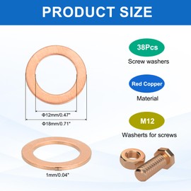 sourcing map 38Pcs Flat Washer, M12 Copper Washers Copper Sealing Ring Crush Washer Kit Assortment, 12mm ID, 18mm OD, 1mm Thick for Bolts Screws Machinery Repair