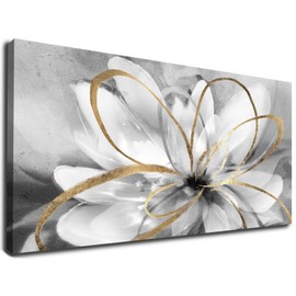 SOUGUAN Flower Wall Room Decor Gold Decoration White Flower Artwork for Living Room Office Dining Room 24x48 Inch
