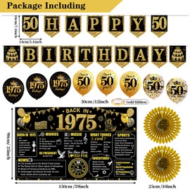 50th Birthday Decorations Kit for Men Women, Black Gold 24PCS Back in 1975 Banner Decorations , Vintage 1975 Banner Wooden Table Sign Poster Hanging Swirl Balloons Papar Fans Cheers to 50 years